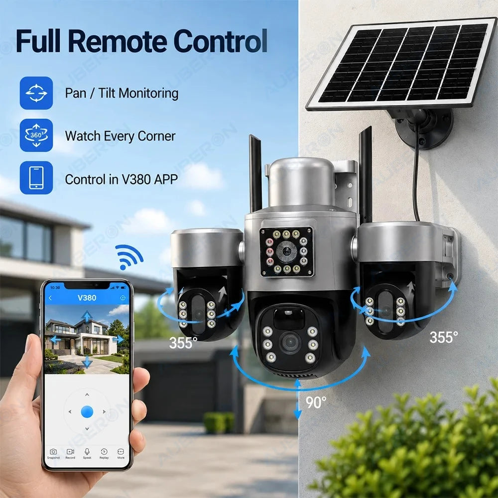 Solar 4G Security Camera 3 Lens 3 Screen Outdoor V380 APP 6MP PTZ PIR Full Color Night Vision IP66 Waterproof Battery Cam System
