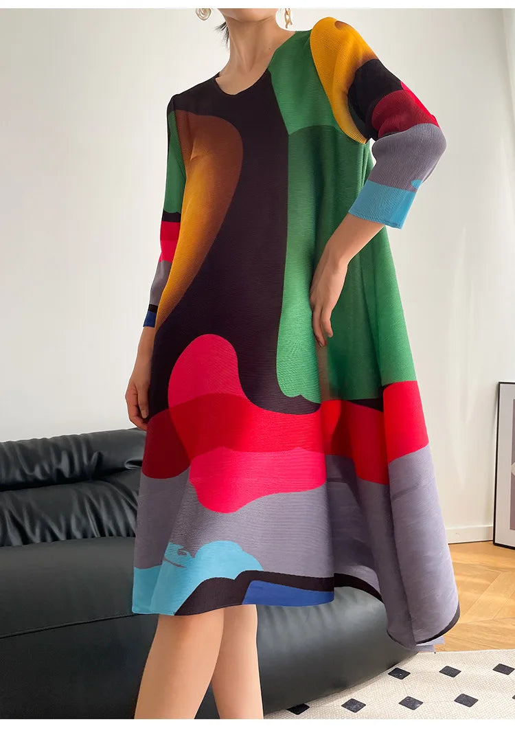 Miyake Pleated Print Dress 2024 New Early Spring Fashion Elegant A-line Swing Dress Elegant Women's Clothing High-quality