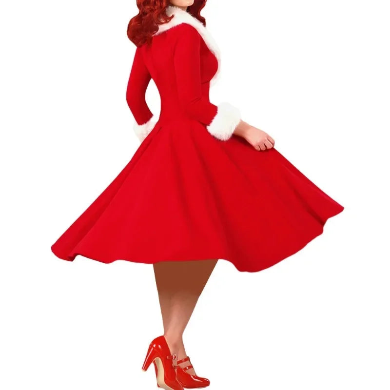 2024 Retro Temperamental Women Christmas Dresses Vintage V-Neck High Waist Long Dress Raw Edge Patchwork Large Swing Party Dress