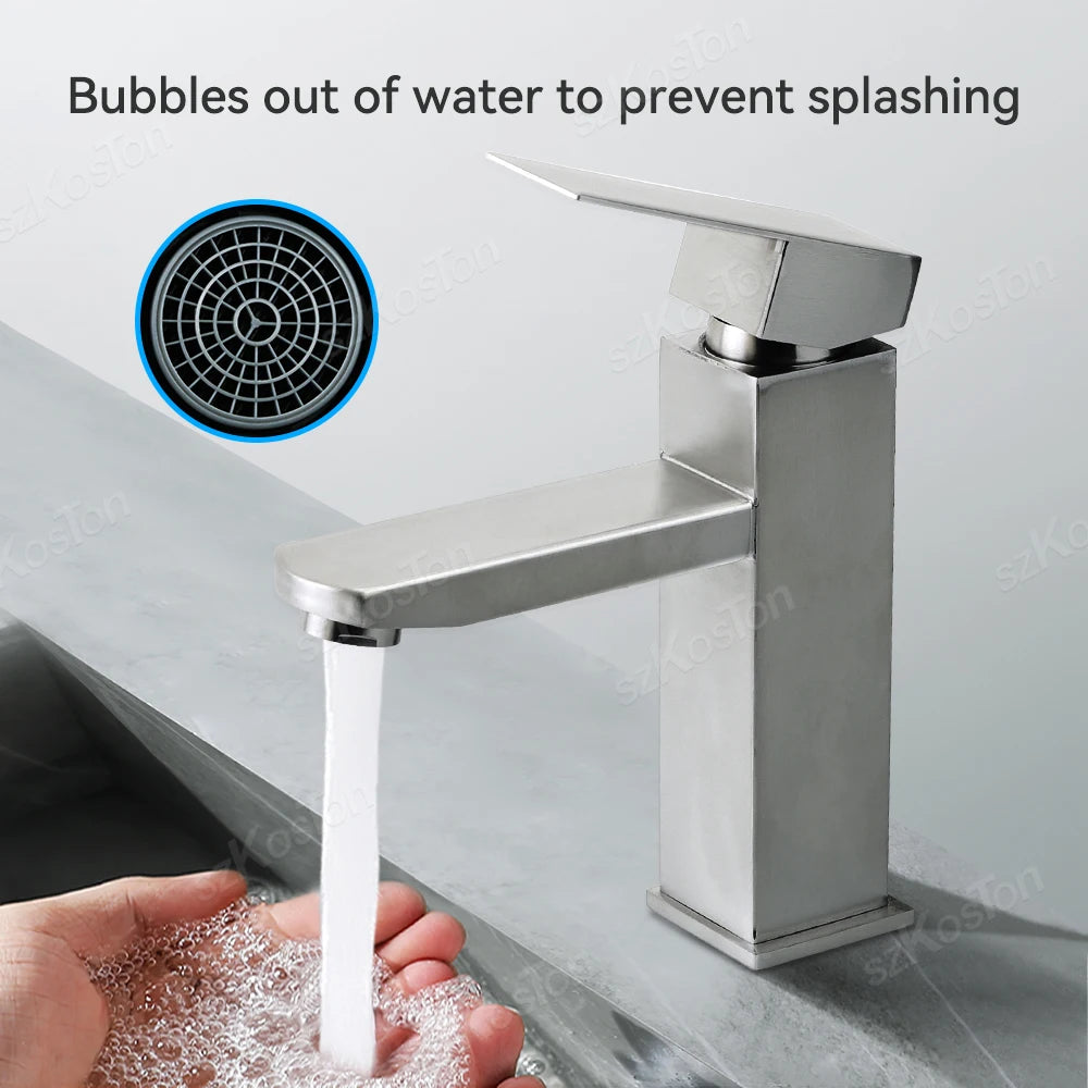 Bathroom Faucet Hot Cold Sink Faucet Single Hole Round/Square Stainless Steel Tap Deck Mounted Bathtub Counter Basin Faucet