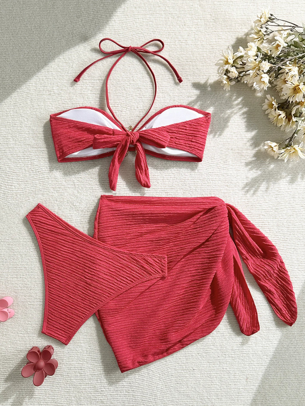 2025 New Bandeau Bikini Set Female Ribbed Swimsuit Women Swimwear 3 pieces Bikinis Bather Bathing Suit Biquini