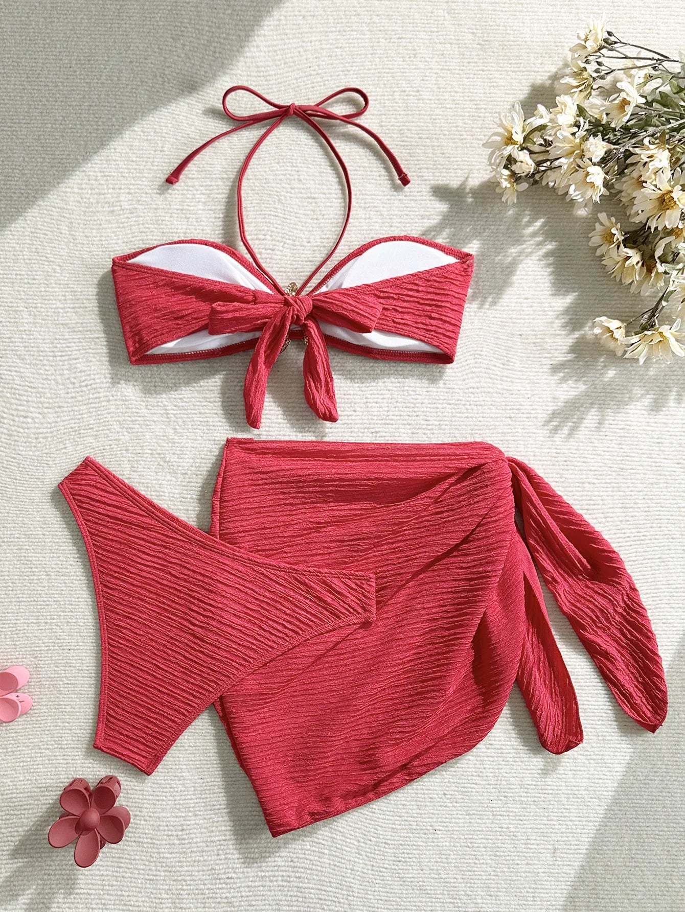 2025 New Bandeau Bikini Set Female Ribbed Swimsuit Women Swimwear 3 pieces Bikinis Bather Bathing Suit Biquini