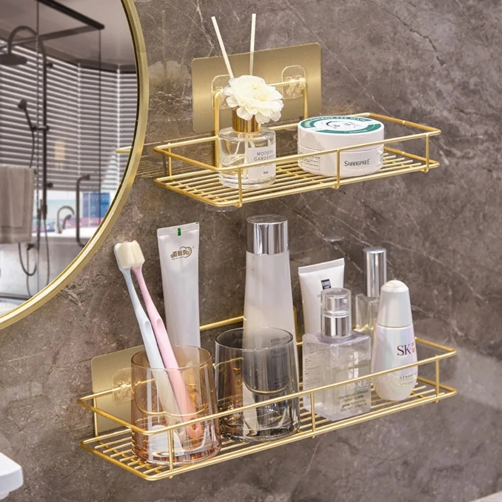 Wall Mounted Shelf No Drill Bathroom Storage Organizer Hanging Rack for Home Kitchen Metal Frame Shelves Bathroom Accessories