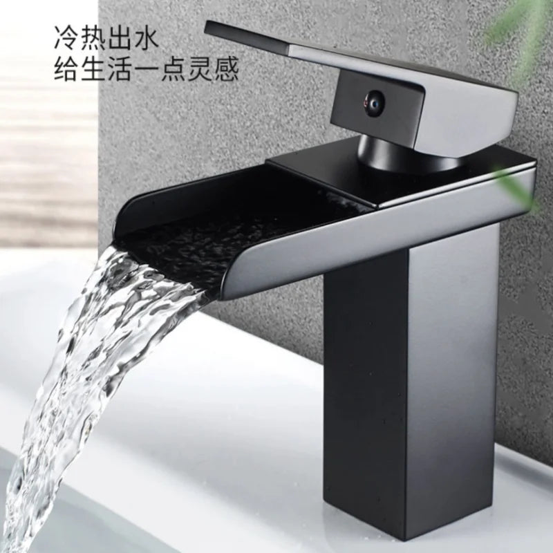 Modern Black Stainless Steel High-Low Spout Waterfall Faucet, Hot Cold Mixer Tap for Home Bathroom Vanity Sink, Premium Wash Bas