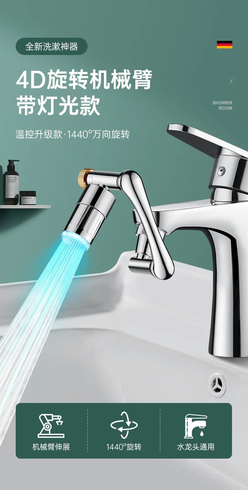 LED Temperature Sensor Kitchen Faucet Extender Metal Swivel Bathroom Tap Bubbler Nozzle 1440° Robotic Arm Tap Faucet Extension