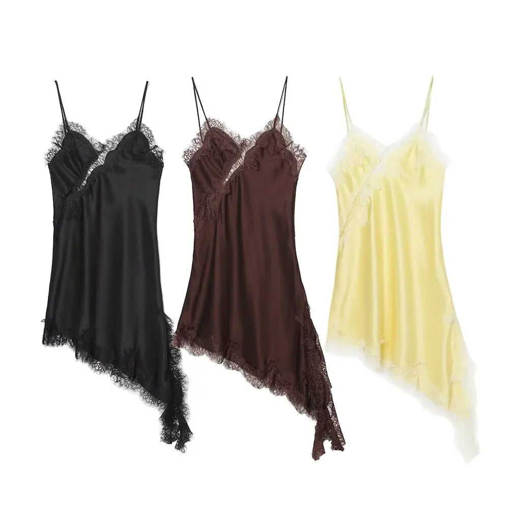 Zevity 2025 Women Sexy Hollow Out Lace Stitching Hem Irregular Mini Dress Female Chic Spaghetti Strap Soft Party Vestidos DS9446