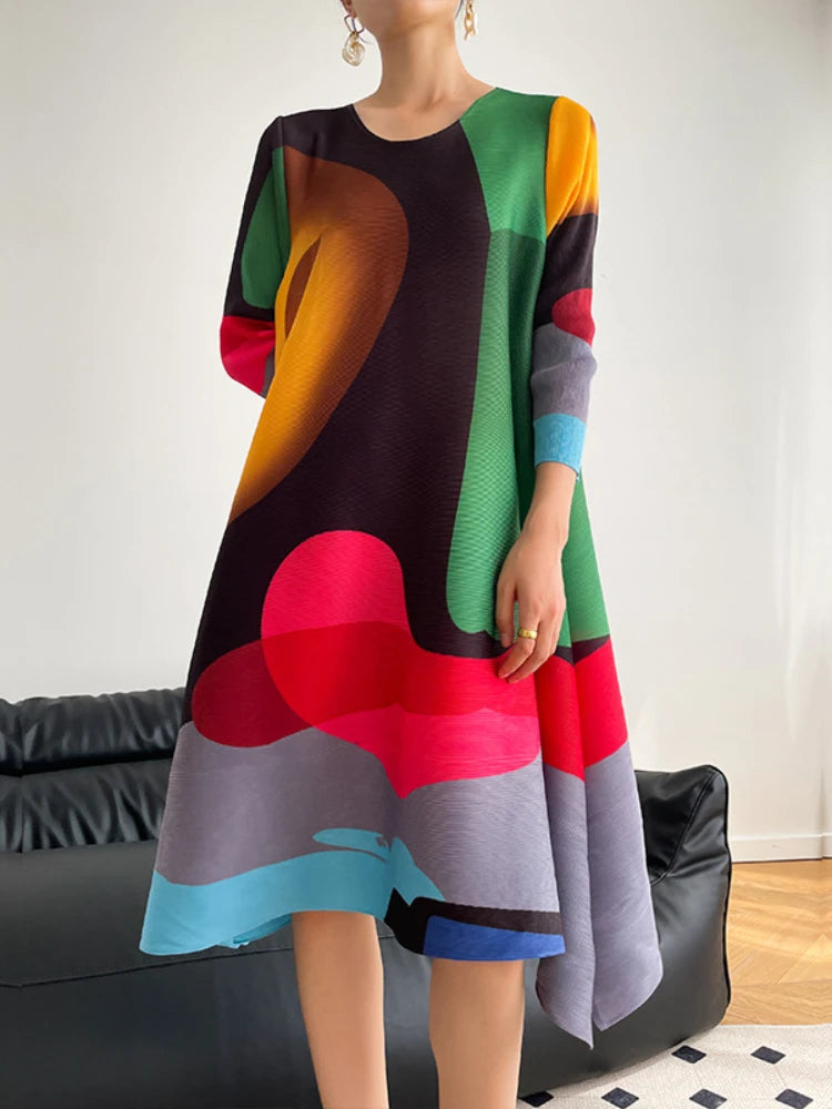 Miyake Pleated Print Dress 2024 New Early Spring Fashion Elegant A-line Swing Dress Elegant Women's Clothing High-quality