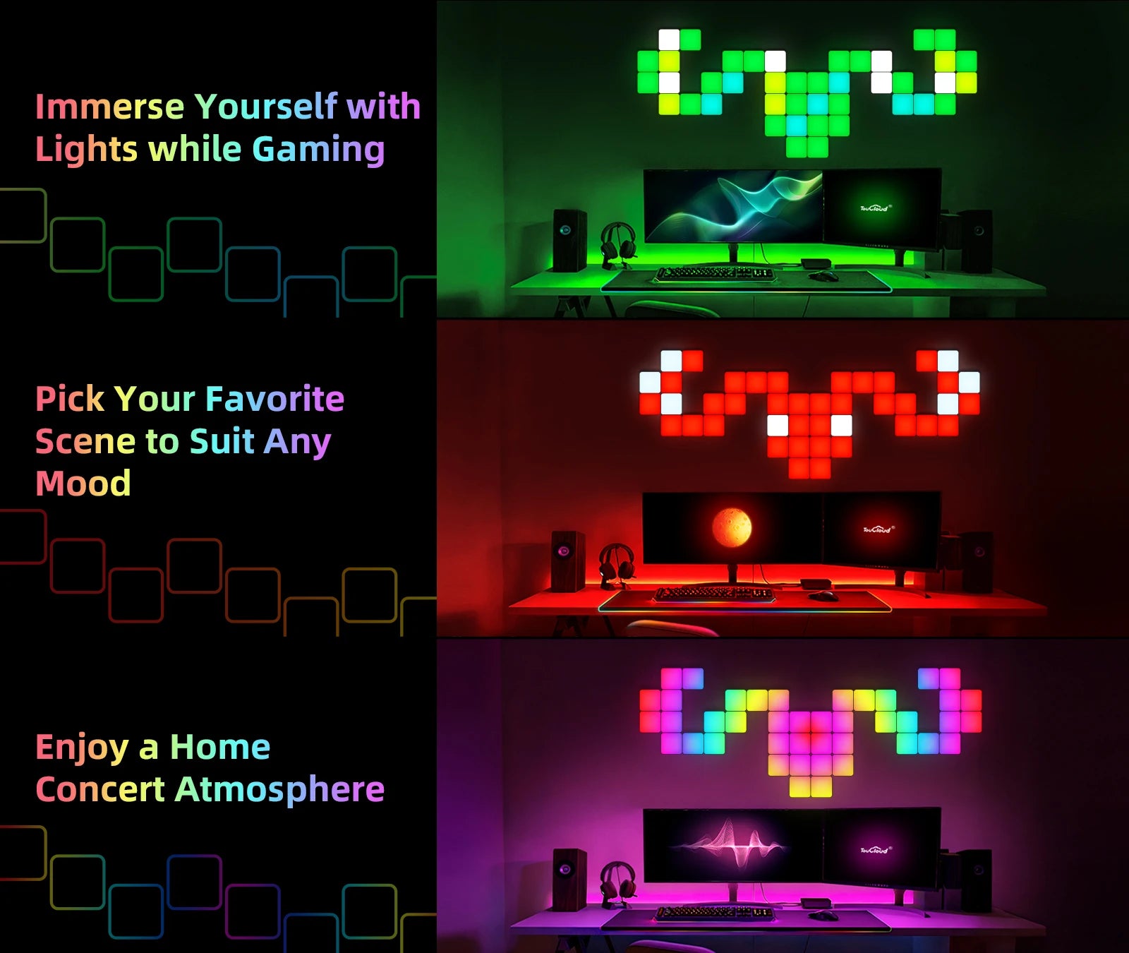 Smart Grid LED Wall Light Kit - RGB Color Changing with App & Music Control, DIY Creative Backlit Panels for Gaming Room & Bedro