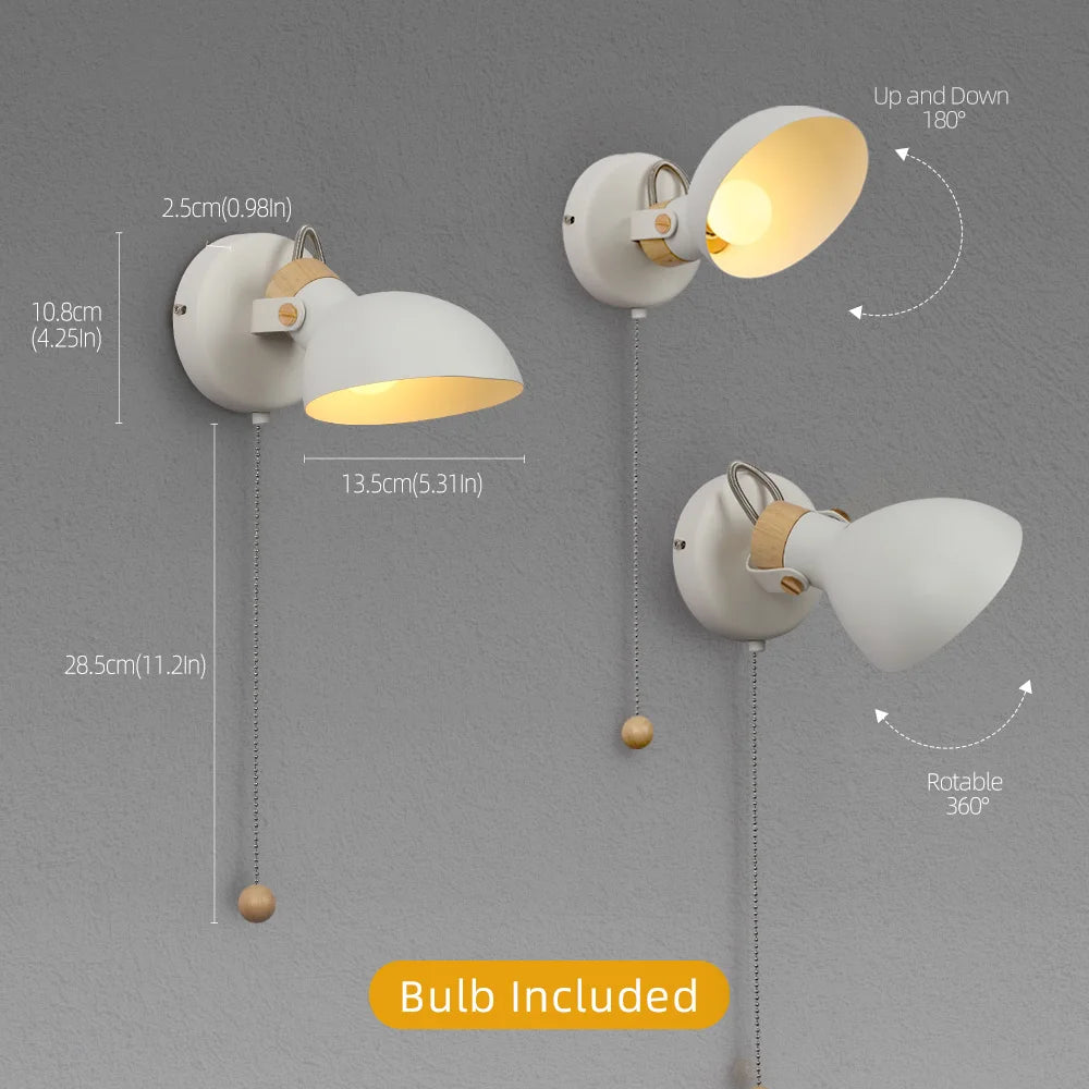 LED Wall Light Replaceable E14 Bulb With Pull Chain Switch Matte Metal Directional Wall Lamp For Bedside Living Room Hotel