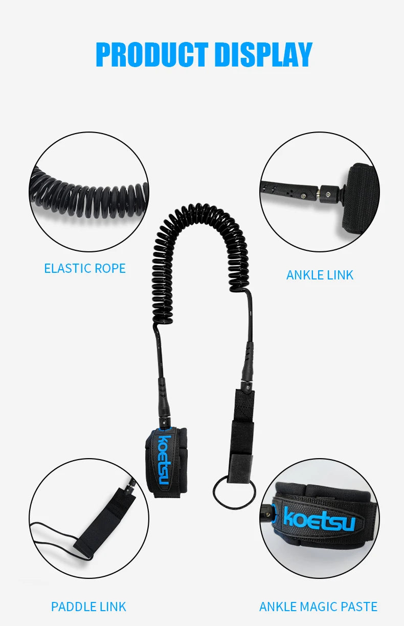 KOETSU Colorful Surfboard Accessories Foot Rope Safety Leash 7mm Adjustable TPU Material Rope for Stand Up Paddle Board
