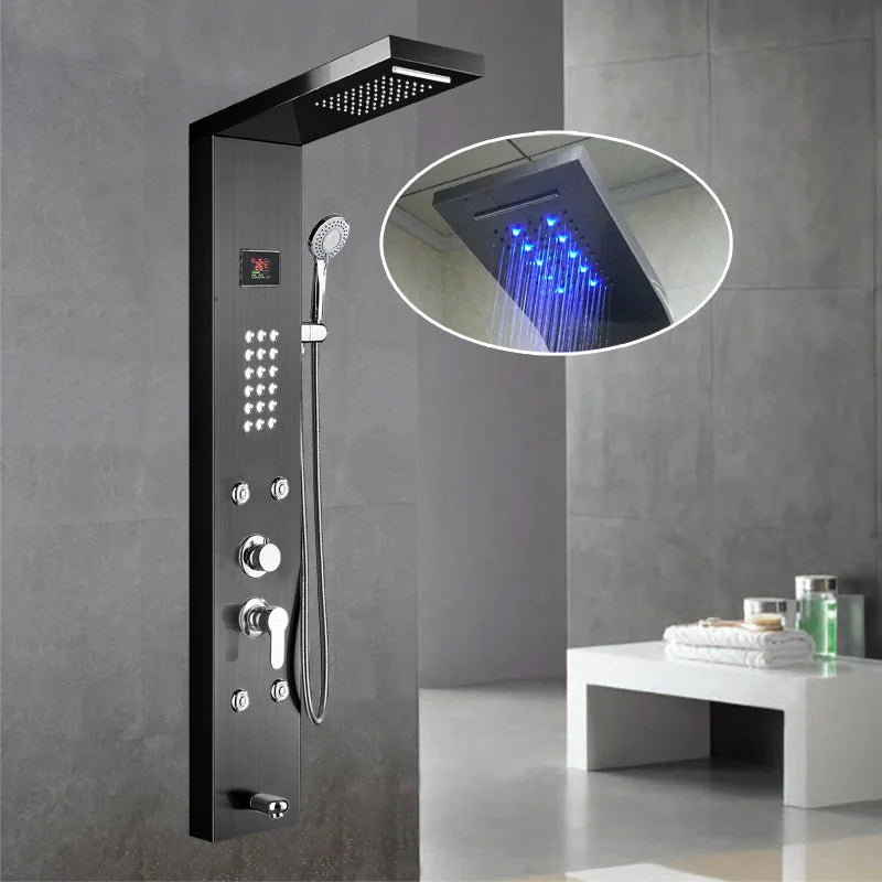 Hot Sale Luxury Black Color  Led Smart Rain Shower Head Bathroom Stainless Steel Wall Mounted Waterfall Shower Panels