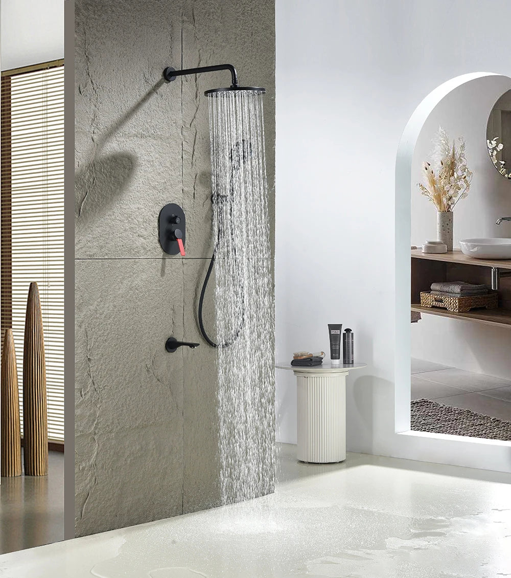 High End Matte Black Concealed Rain Shower System Modern Bathtub Thermostatic Shower Set 3 Modes Rainfall Bathroom Shower Faucet