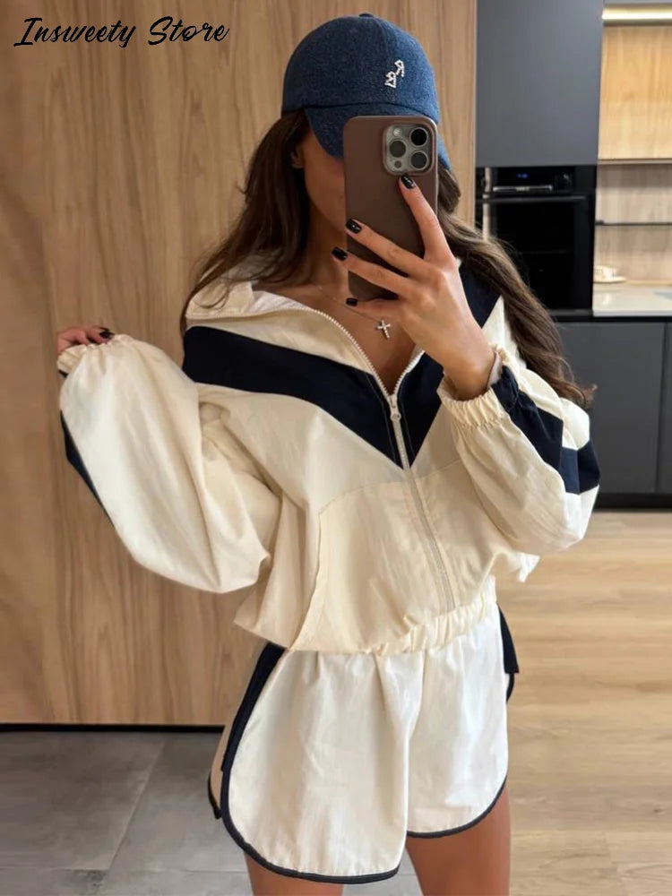 Fashion Color Block 2 Piece Tracksuit Women's Stand Collar Zip Lightweight Jacket Loose Mini Shorts 2026 New Lady Casual Outfit