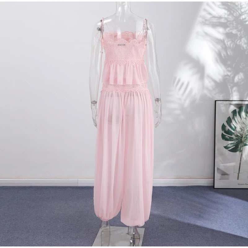Tie Strap Women's Hollow Floral Lace Two Piece Set Ruffle Crop Camisole High Waist Lace Waist Sheer Textured Wide Leg Long Pant