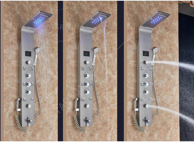 LED Light Bathroom Shower Panel Intelligent LCD Shower Column System with 6 Modes Rain Waterfall Massage Jet Bath Mixer Tap