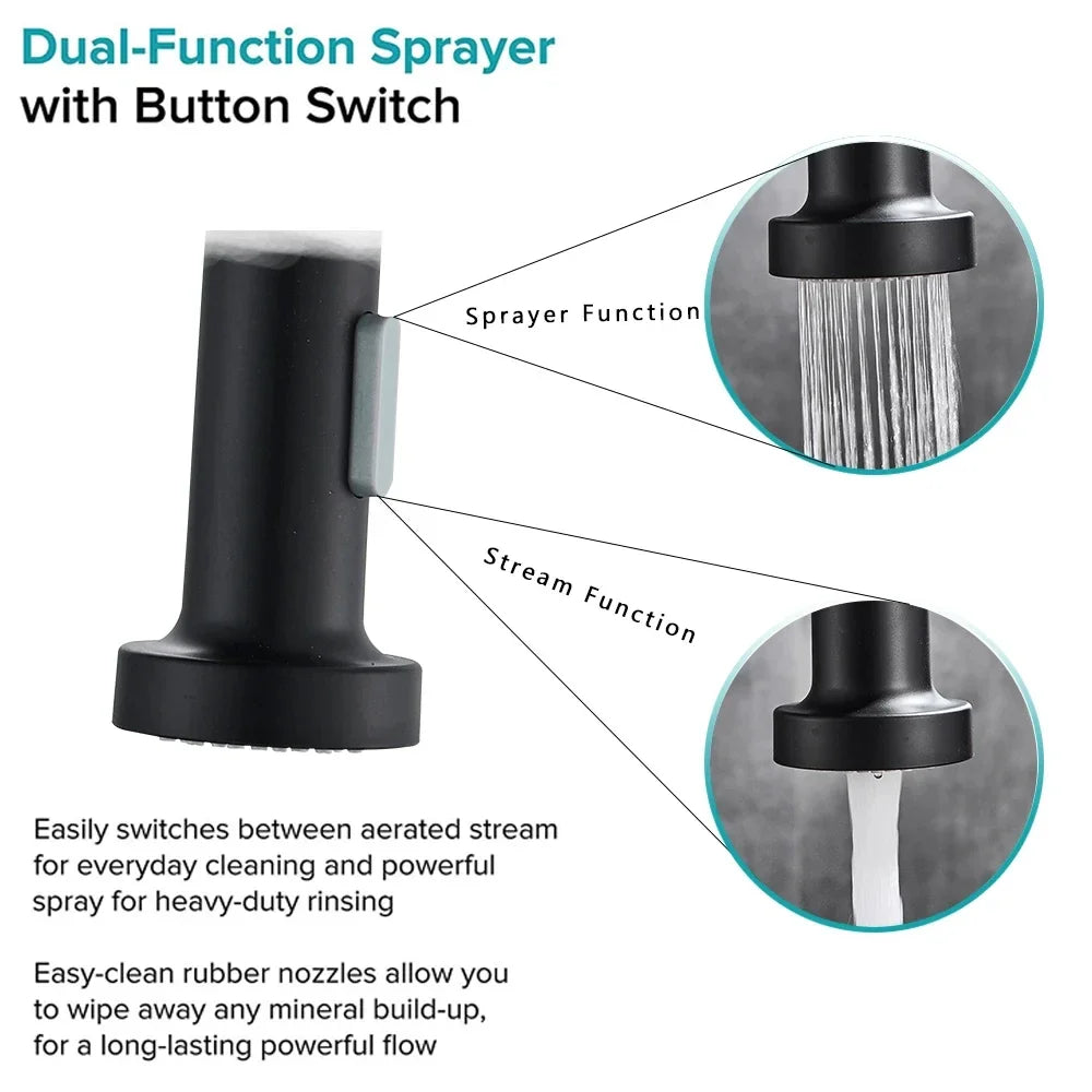 Black kitchen faucet, stainless steel mixer faucet, 360-degree rotating spray nozzle, kitchen sink, hot and cold water faucet.