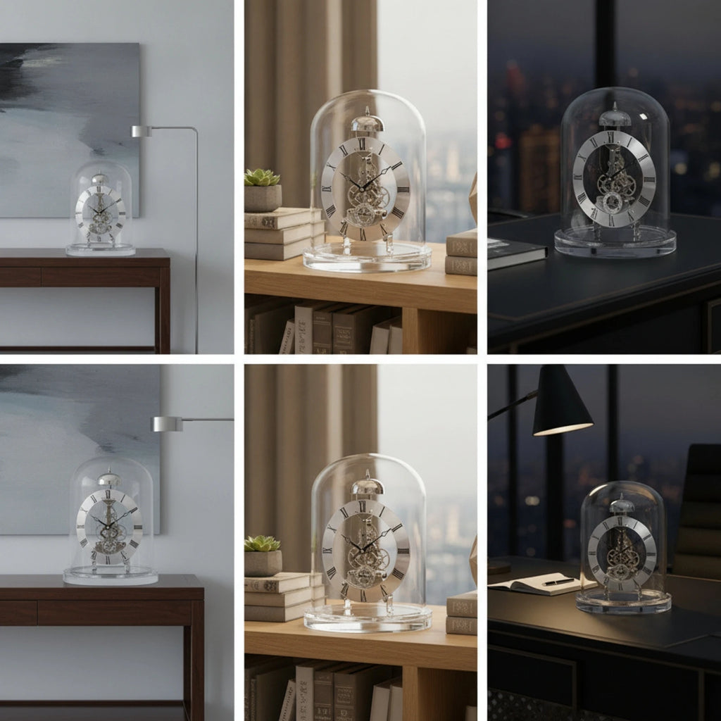 Clock with Glass Dome Mechanical-Style Quartz Skeleton Clock Retro Chiming for Collectors Living Room Home Office Decoration