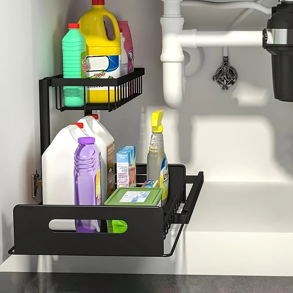 2-Tier Sliding Under Sink Organizer - Rustproof Metal Storage for Kitchen & Bathroom Cabinets,Ideal for Cleaning Supplies