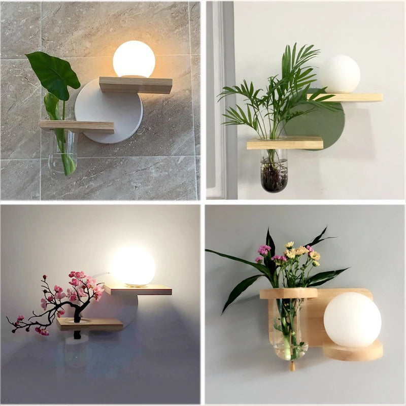 Modern Wooden Lamp Led Wall Lamps Nordic Personality Creative Green Plant Pot Home Decor Living Room Aisle Loft Light Fixtures