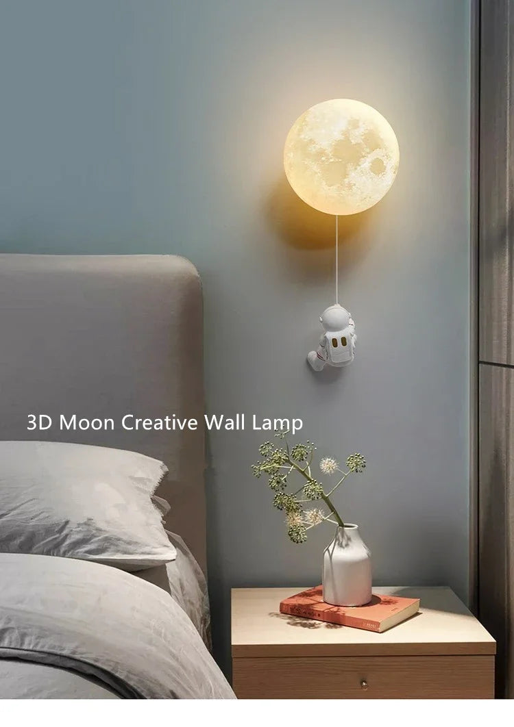 Modern Astronaut Wall Lamp Natural Alabaster Planet LED Sconce Kids Bedroom Astronaut Nursery Decor