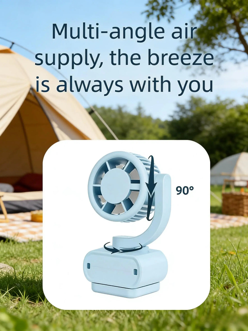 Portable rechargeable clip-on fan, rotating hanging fan with air-cooling function, suitable for outdoor and camping use. The fan