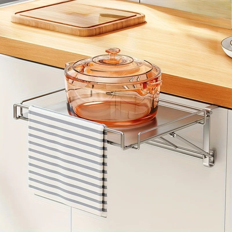 Stainless Steel Foldable Countertop Shelf Space Saving Cabinet Door Shelf No Drill Hanging Storage Bathroom Kitchen Organizer