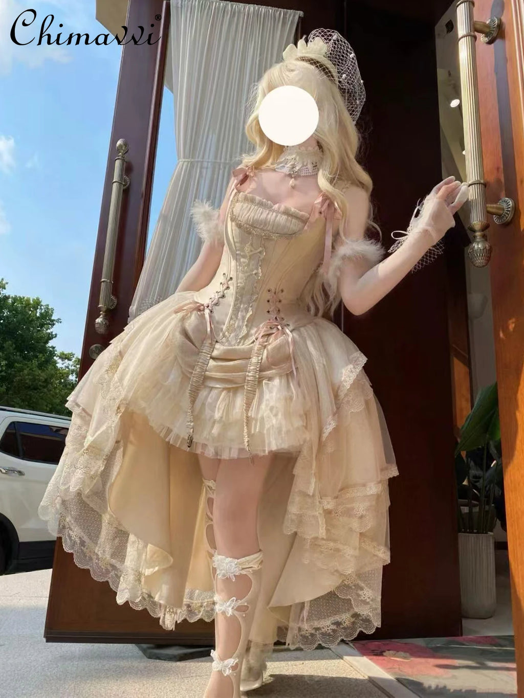 Princess Lolita Evening Dress Champagne Gold Front Short Back Long Gorgeous CLA Dress Vintage Fairy Lolita Birthday Party Dress