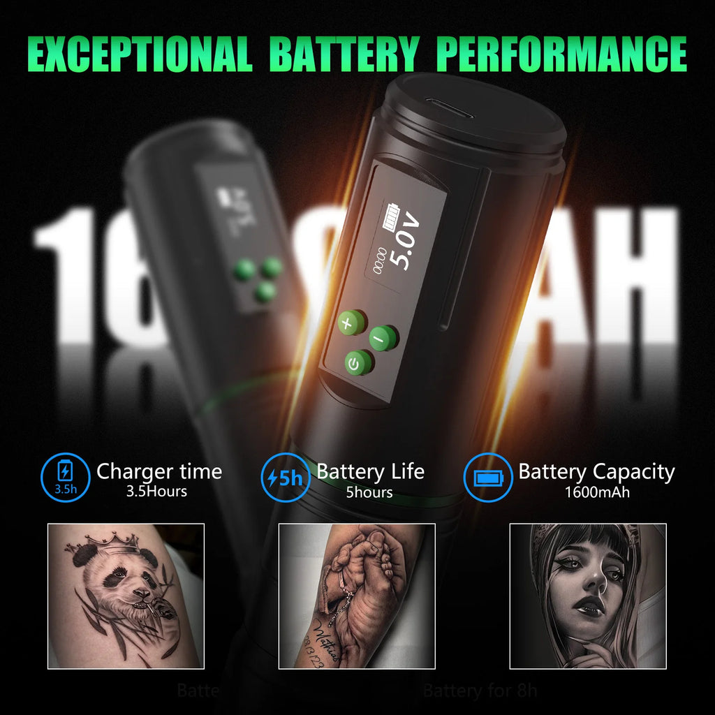 Kiss of Dragon Tattoo Kit Wireless Tattoo Machine Pen Kit 3.5mm Stroke Custom Motor 1600mAh LCD Screen Battery Complete Kit
