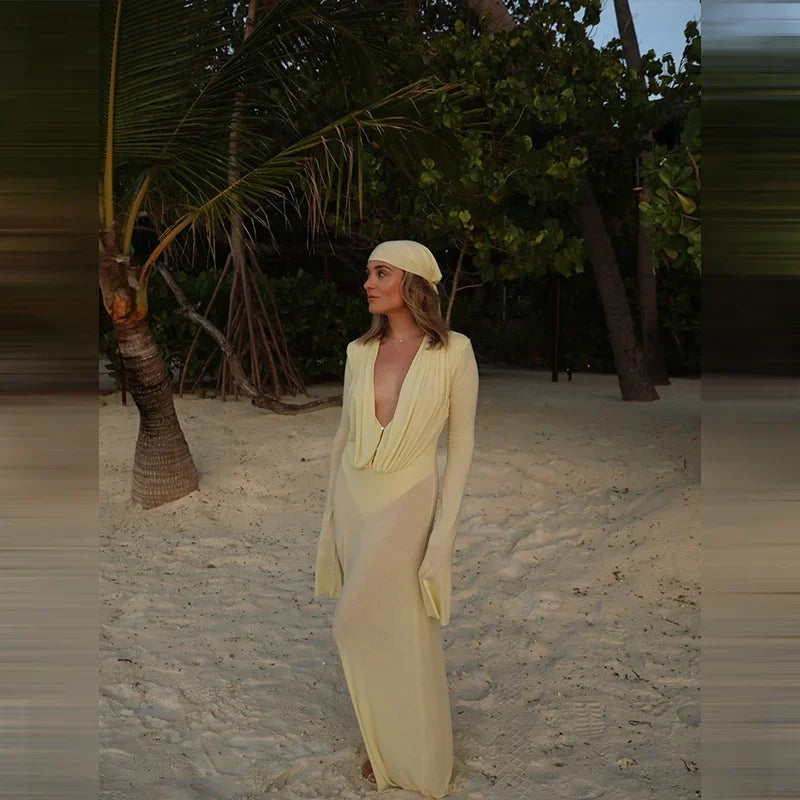 Luxury See Through Mesh Bodycon Maxi Dress For Women Lady Long Flared Cuff Deep V Neck Pleated Beach Holiday Evening Party Gown