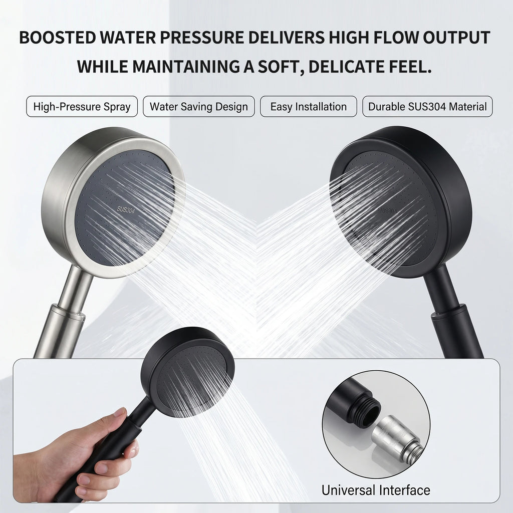 304 Stainless Steel Handheld Shower Head – High Pressure Spray, Universal 1/2” Connector, Bathroom Sprayer for Home Use