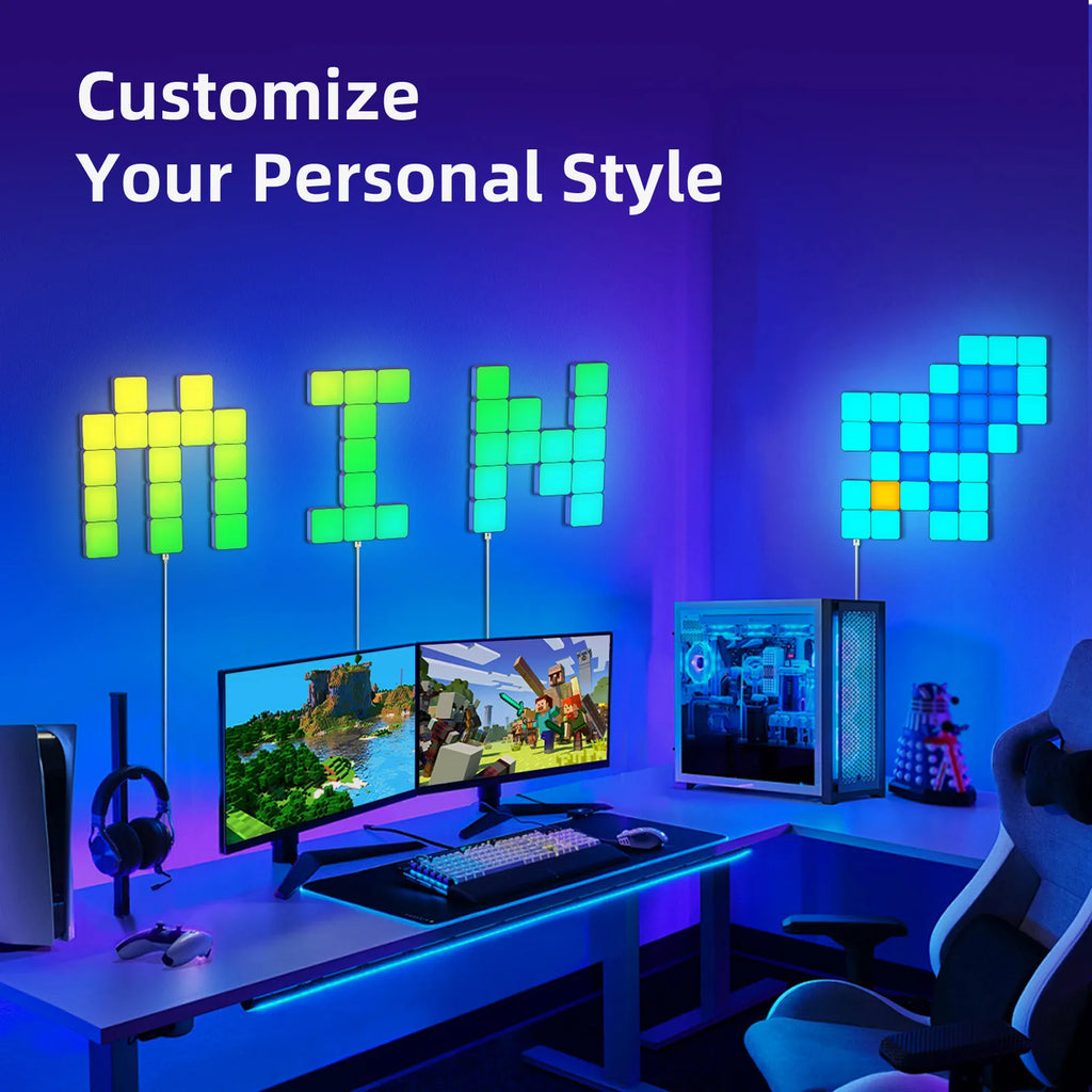 Smart Grid LED Wall Light Kit - RGB Color Changing with App & Music Control, DIY Creative Backlit Panels for Gaming Room & Bedro