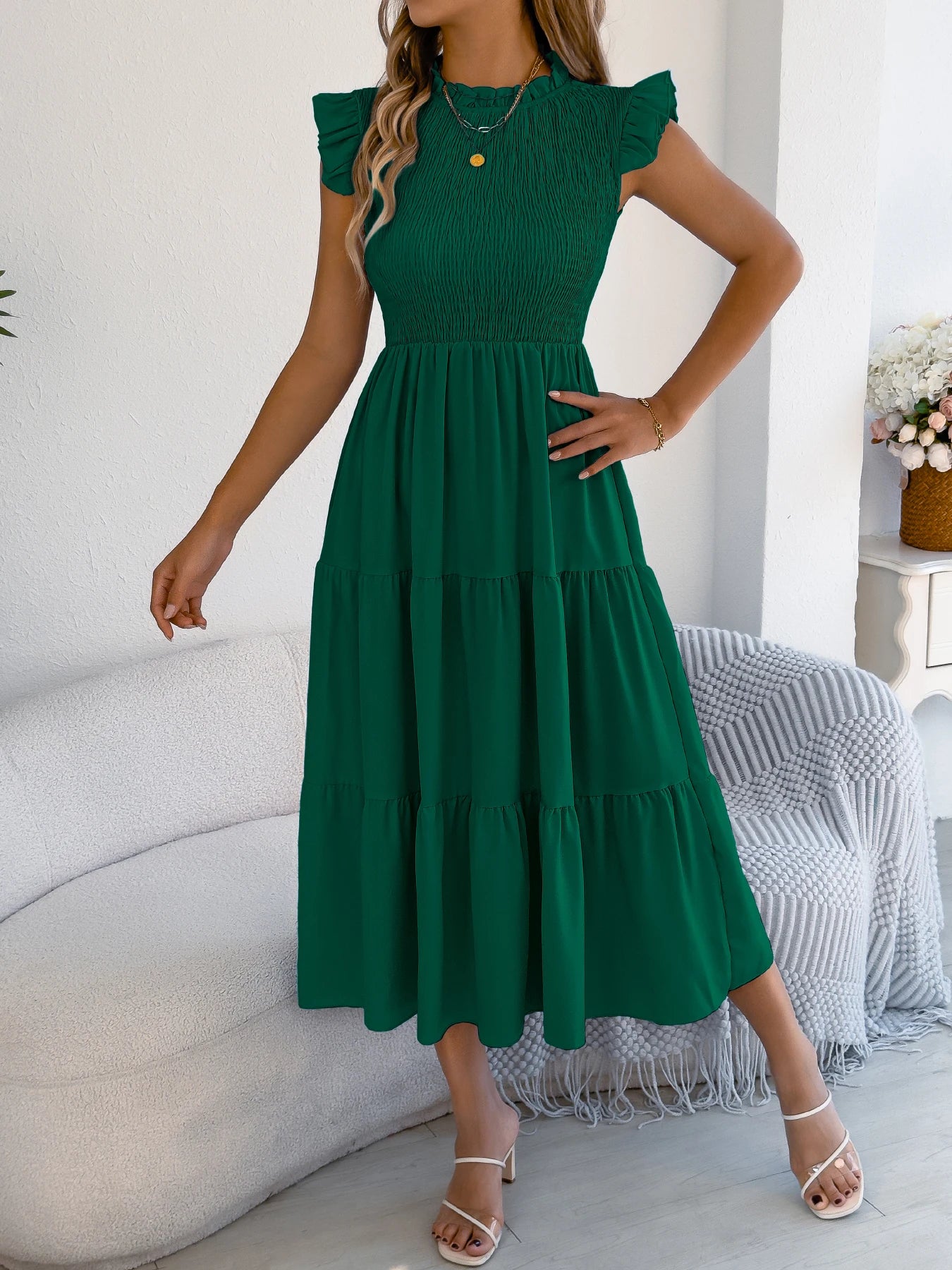 Spring Summer Elegant Ruffled Dresses for Women 2026 Casual Vacation Solid Color Round Neck Sleeveless Long Dress Blue Green