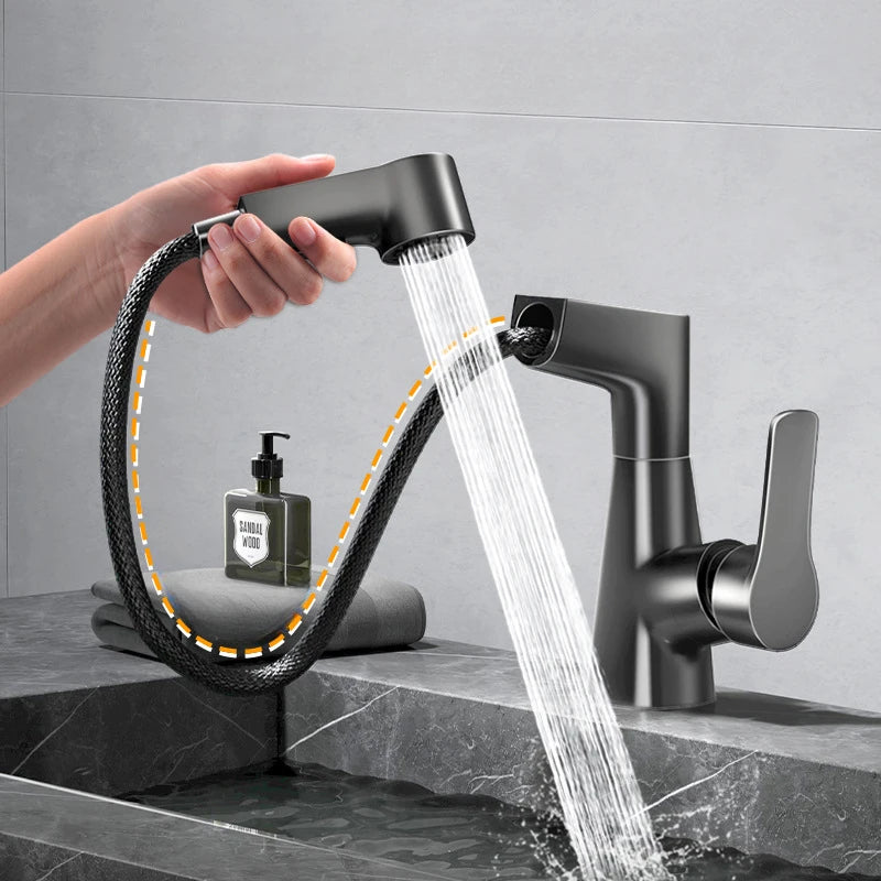 Basin Faucet Bathroom Pull Out Lift Mixer Tap Hot & Cold Water 360° Lift Up and Down Bathroom Sink Faucet