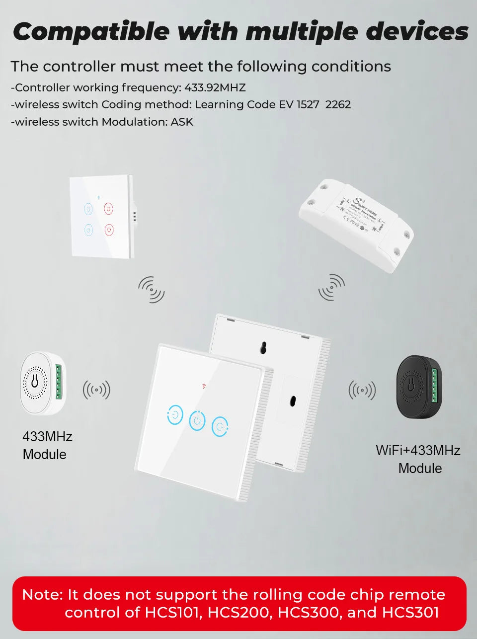 Wireless Radio Frequency RF 433Mhz Switch 1/2/3 Gang Smart Touch Switch Remote Control Tempered Glass Panel Wireless Wall