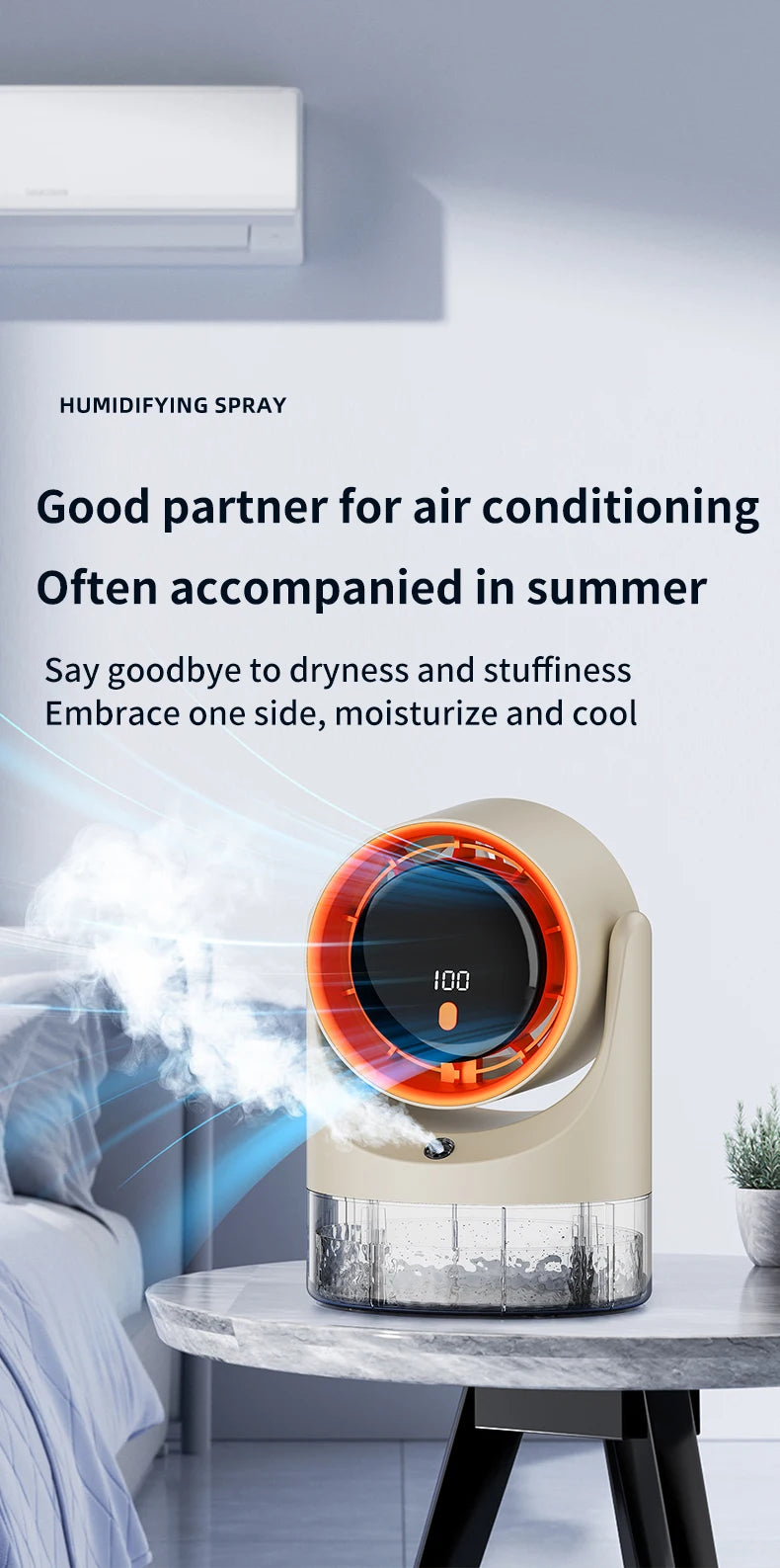 Household mini electric fan with single hole spray air conditioning cooling humidification circulating fan 360 ° adjustable