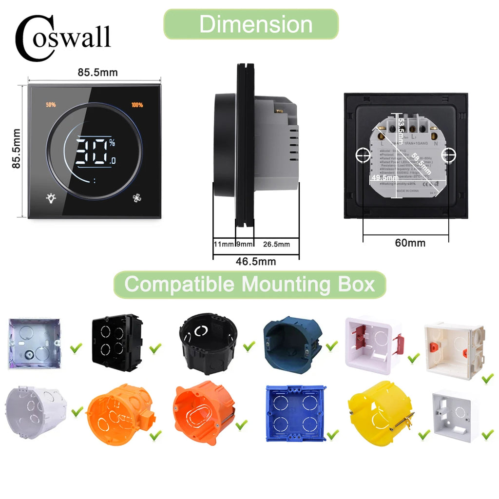 Glass Panel Wifi/Zigbee2MQTT Smart Light Switch With Knob Fan Controller 300W Max.  Digital LCD For Ceiling Fan Lamp