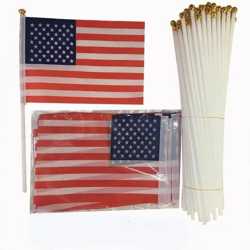 10PCS USA Stick Flag,American US 14x21cm HandHeld Mini ensign Pole United States Stick Flag Vivid Color Fade Resistant banner