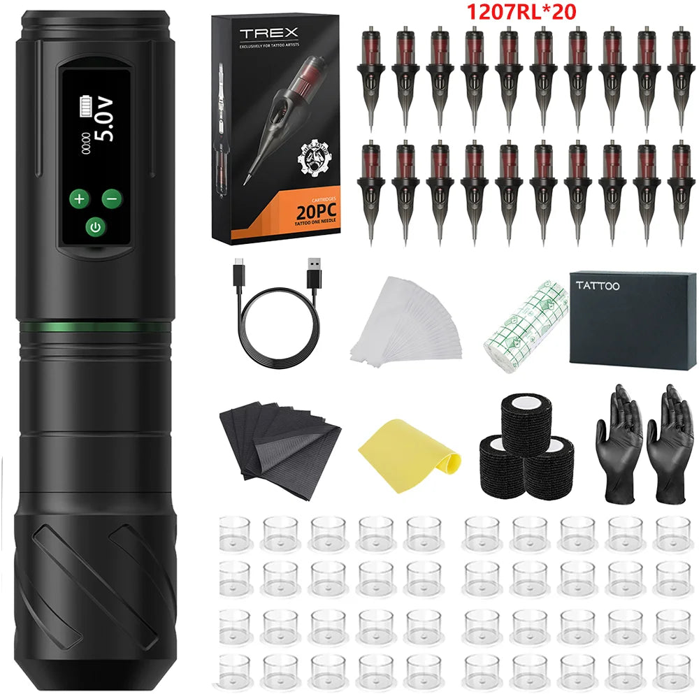 Kiss of Dragon Tattoo Kit Wireless Tattoo Machine Pen Kit 3.5mm Stroke Custom Motor 1600mAh LCD Screen Battery Complete Kit