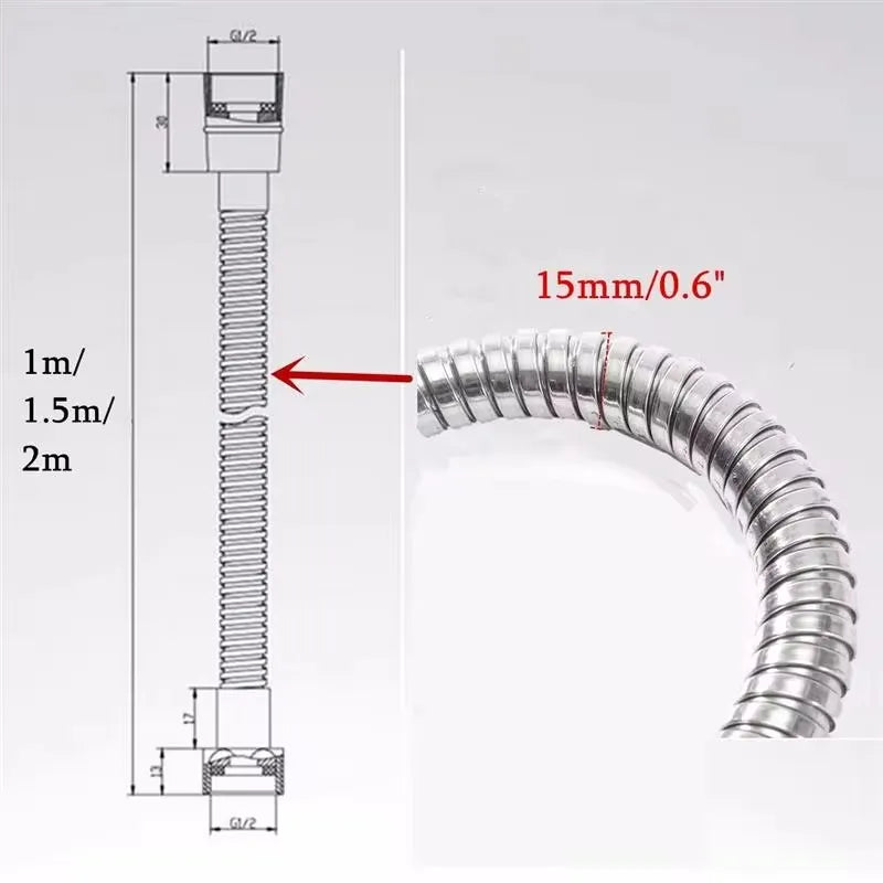 Black 1.5m/ 2m /3m G1/2 Inch High Quality Flexible Shower Hose Stainless Steel Chrome Bathroom Water Head Shower Extension Pipe