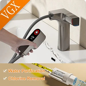 VGX Multifunctional Bathroom Faucets Pull Out Basin Mixer Sink Faucet Gourmet LED Temperature Tap 360° Tapware Crane Brass White