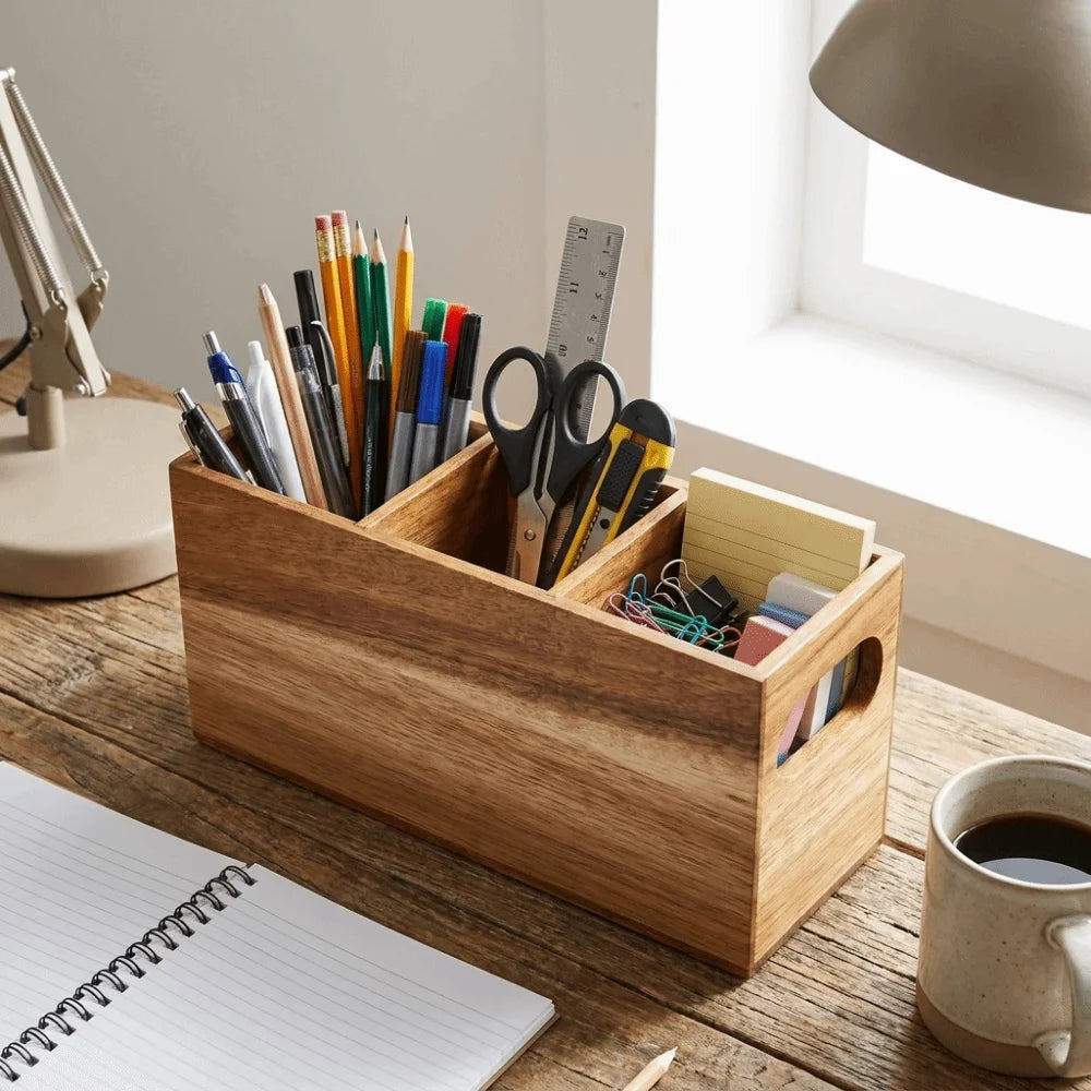 Kitchen Tools Wooden Utensil Organizer 3 Compartment Durable Storage Rack Space Saving Rustic Silverware Storage Box Countertop