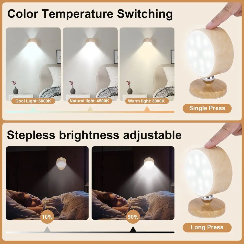 360° Rotating Wooden Wall Mounted Lamp Dimmable Touch Control LED Wall Sconce Warm White Double-sided Touch Control Light