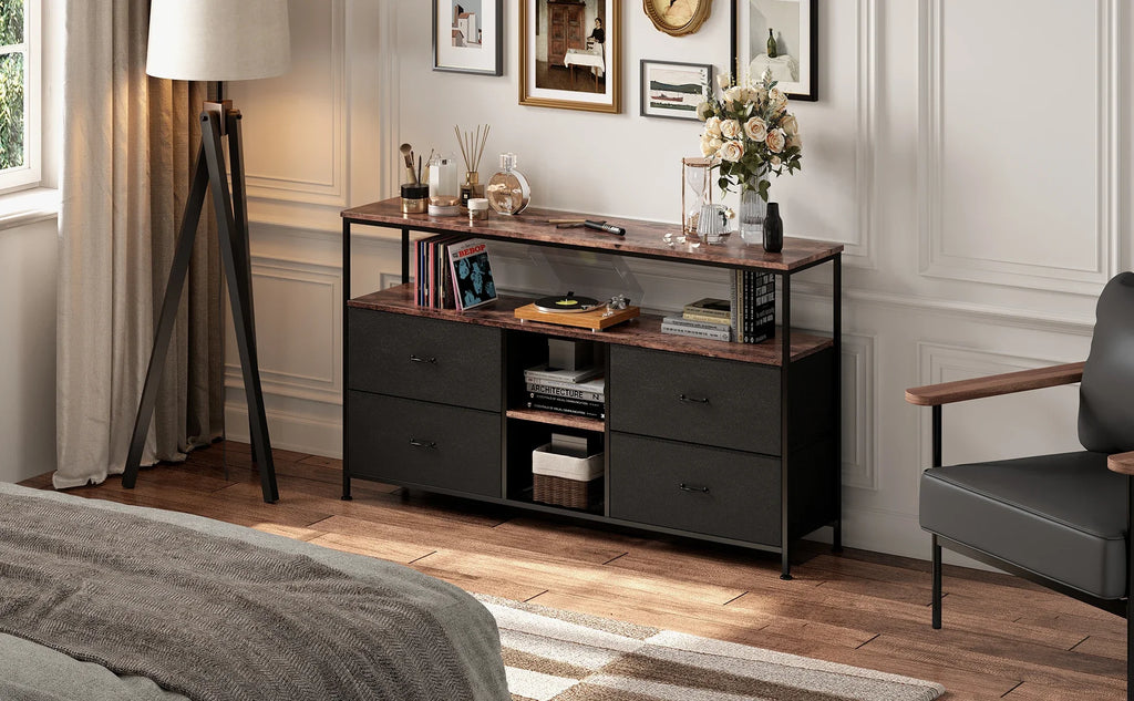 Rosahqnda TV stand with 4 drawers, TV cabinet, , adjustable shelves, TV table, TV cabinet living room furniture
