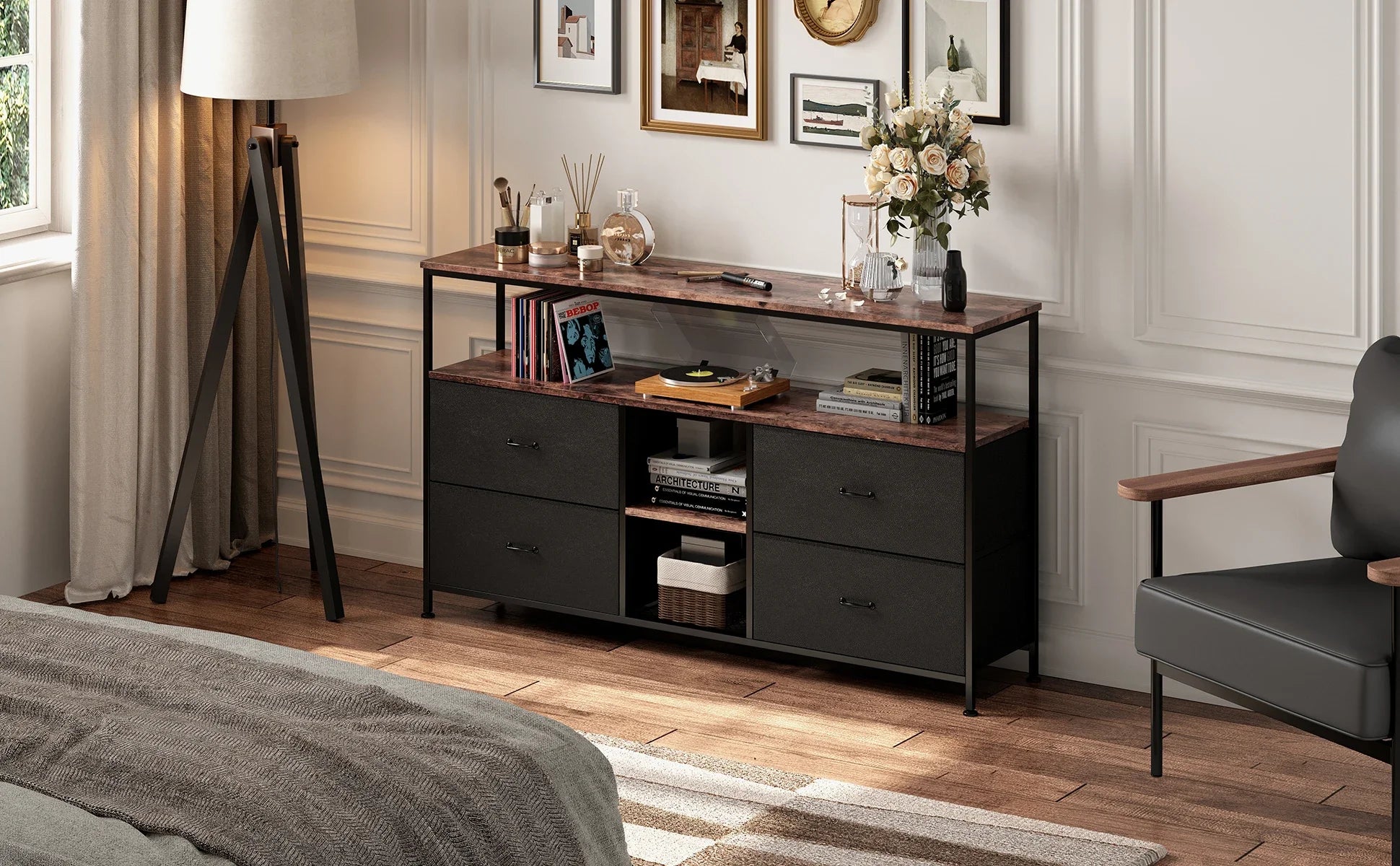 Rosahqnda TV stand with 4 drawers, TV cabinet, , adjustable shelves, TV table, TV cabinet living room furniture