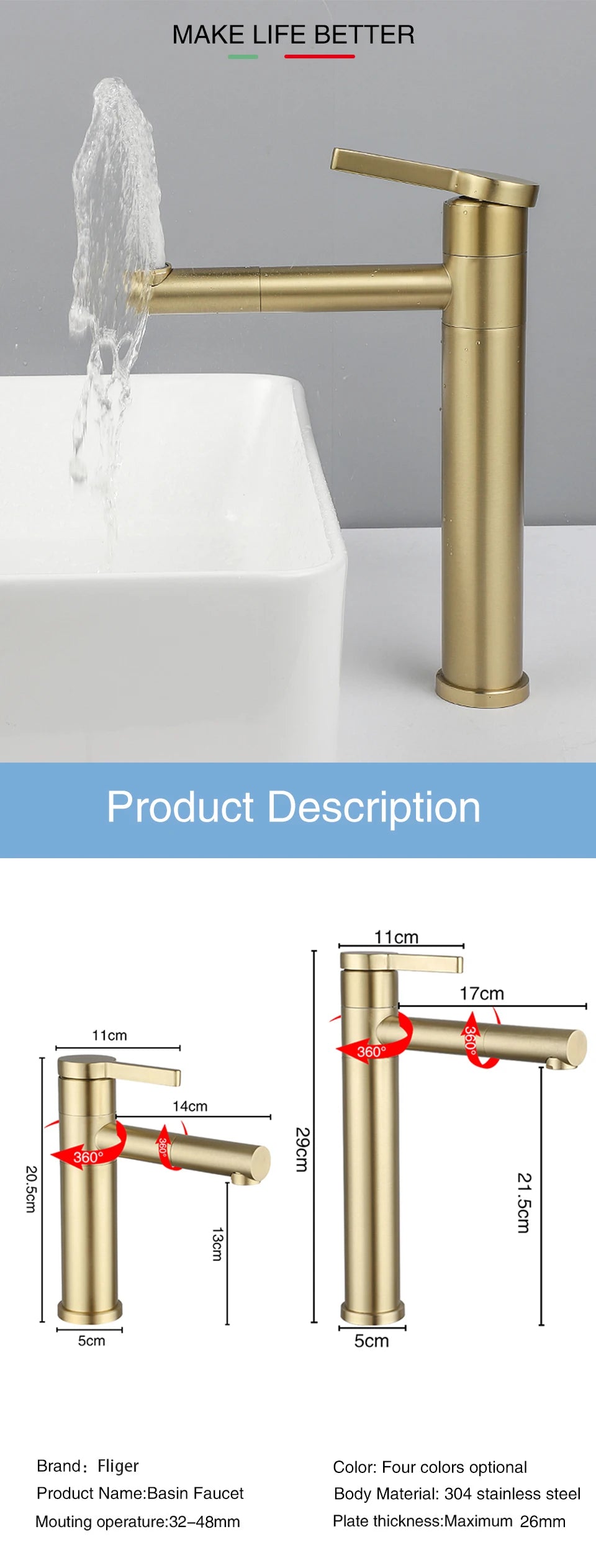 Fliger Tall Basin Faucet Brushed Gold Bathroom Sink Faucet Countertop Sink Faucet Hot Cold Bathroom Faucet 360° Rotating Mixer