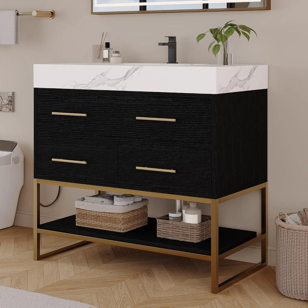 36" Bathroom Vanity with Sintered Stone Countertop – 1 Flip-Up Drawer + 2 Soft-Close Drawers + Open Shelf, Multi-Layer, Custom