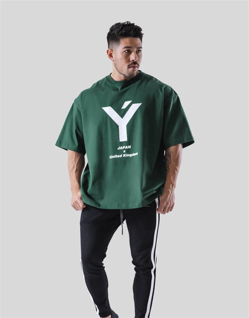 Green GYM Hip Hop Streetwear Men T-shirts Print T Shirt For Men Summer 100% Cotton Tees O-Neck Short Sleeve Tops