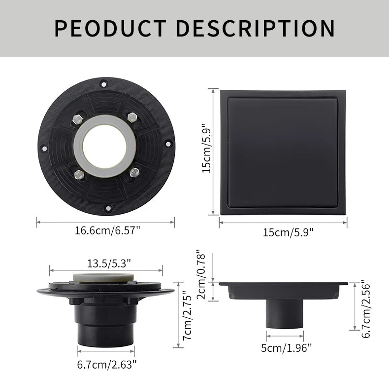 Square Shower Drain Tile Insert Anti Odor Stainless Steel Floor Drain Kit with Removable Grate Cover Hair Strainer Black Gold