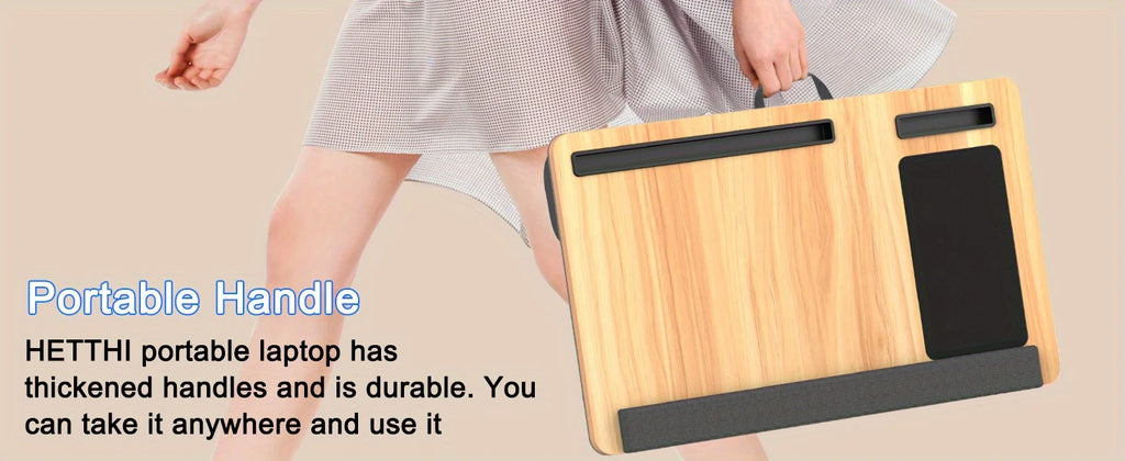 Laptop table with mouse pad, slots for tablet and phone, portable handle, suitable for outdoor and in - car use as a desk