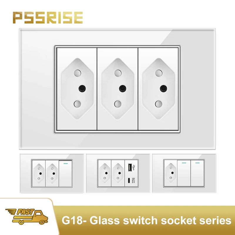 PSSRISE White Tempered Glass Standard sockets and switches brazil Switzerland Usb Type C Wall Socket Light Switch Smart Switch